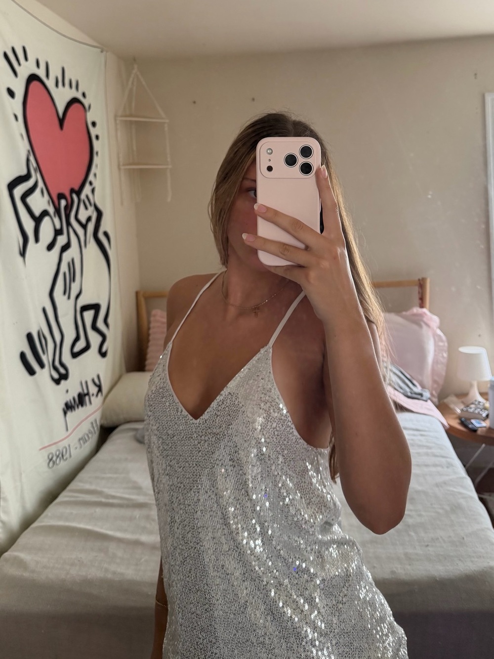 Silver Sequin V-Neck Slip Dress